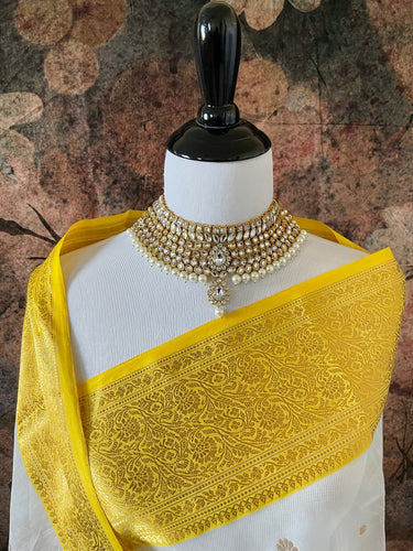 Chanderi Silk saree | Off white with Yellow & Gold Border | Handwoven | Ships from California